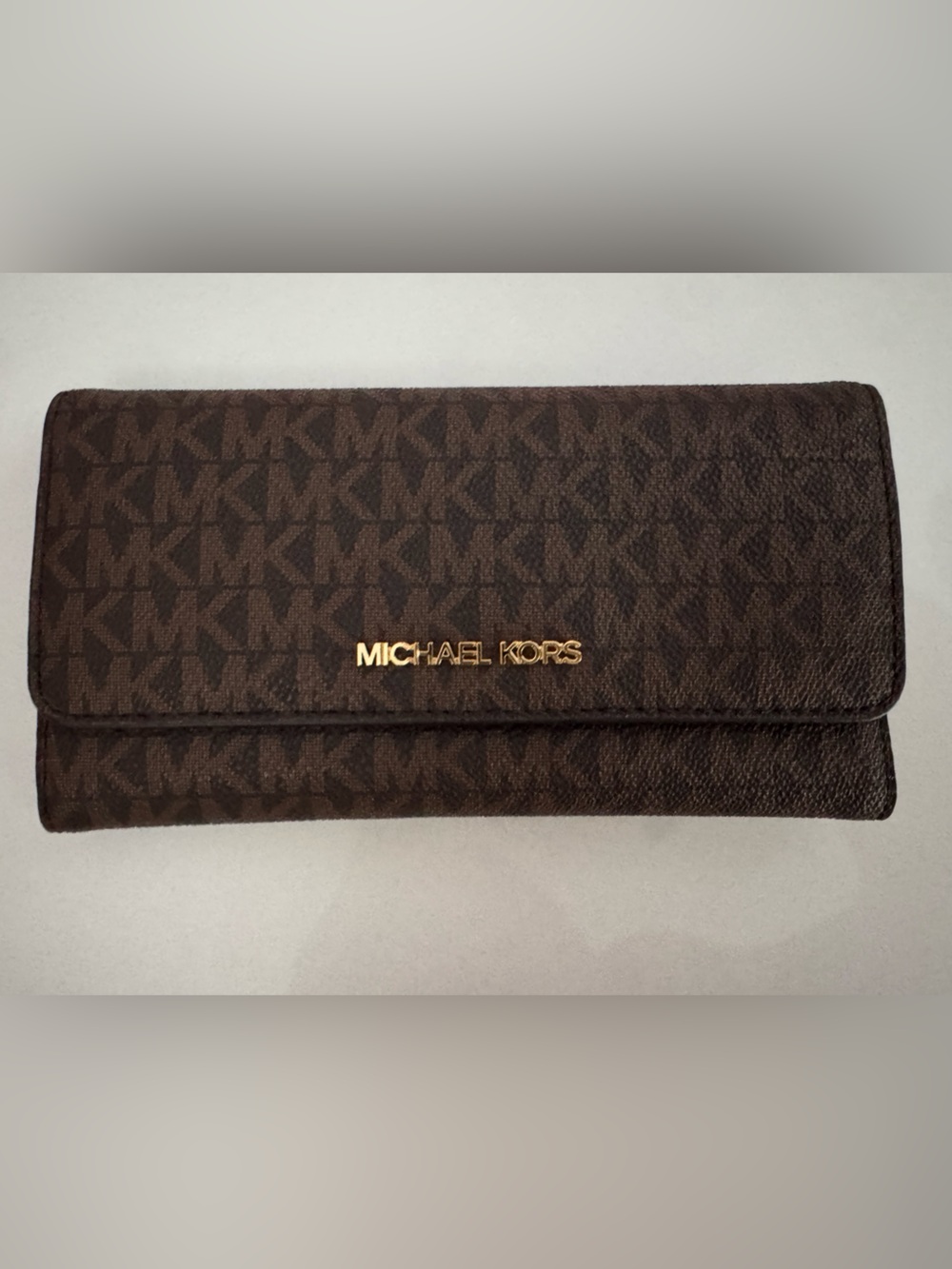 Michael Kors Brown Logo-Print Card & Key Holder with Gold Hardware